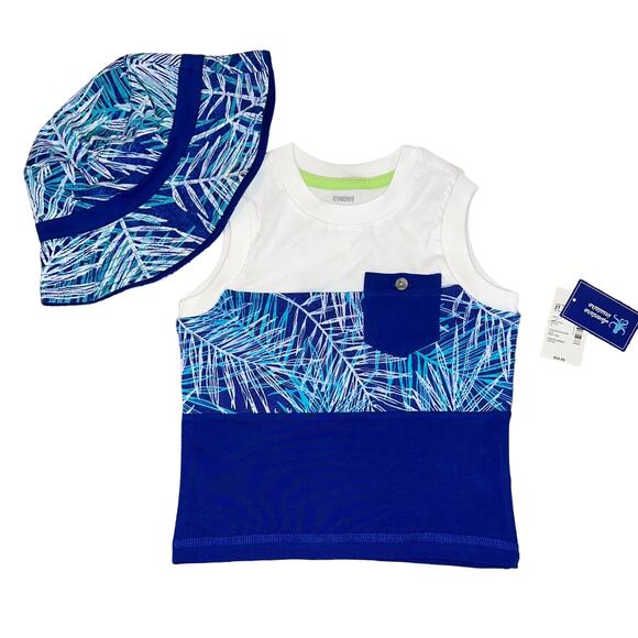 NWT Gymboree Blue Palm Leaf Tank Top & Reversible Bucket Hat - Picture 1 of 10